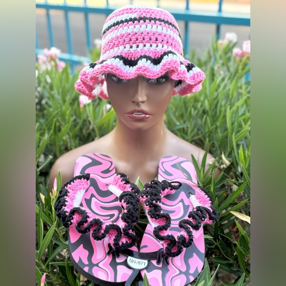 Vibrant Pink and Black Crochet Wavy Brim Hat | Flip Flops with Ruffles